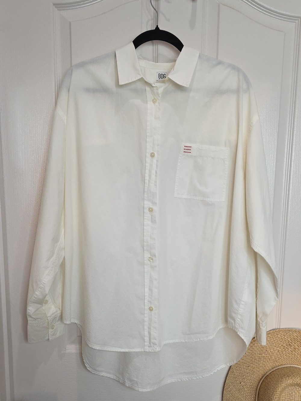 BDG Cream Long-Sleeve Button-Down Cotton Oversized  Shirt Small